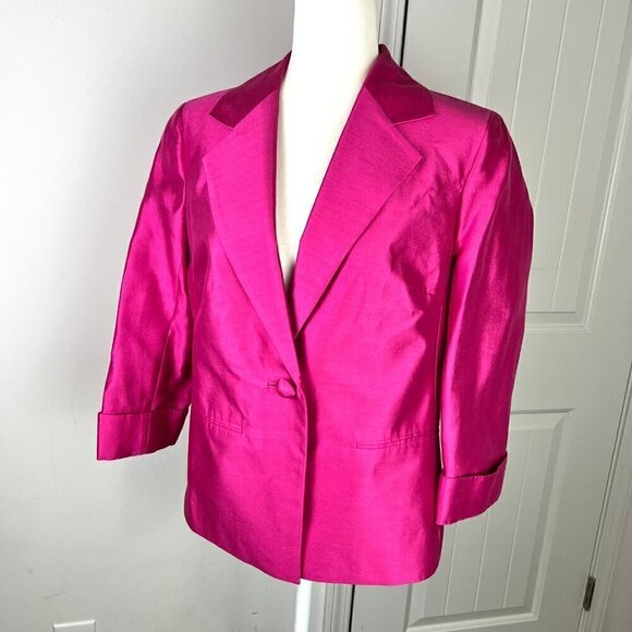 Talbots Blazer Jacket Size 8 One Button 3/4 Sleeve Silk Blend Fuchsia Pink - Picture 3 of 10